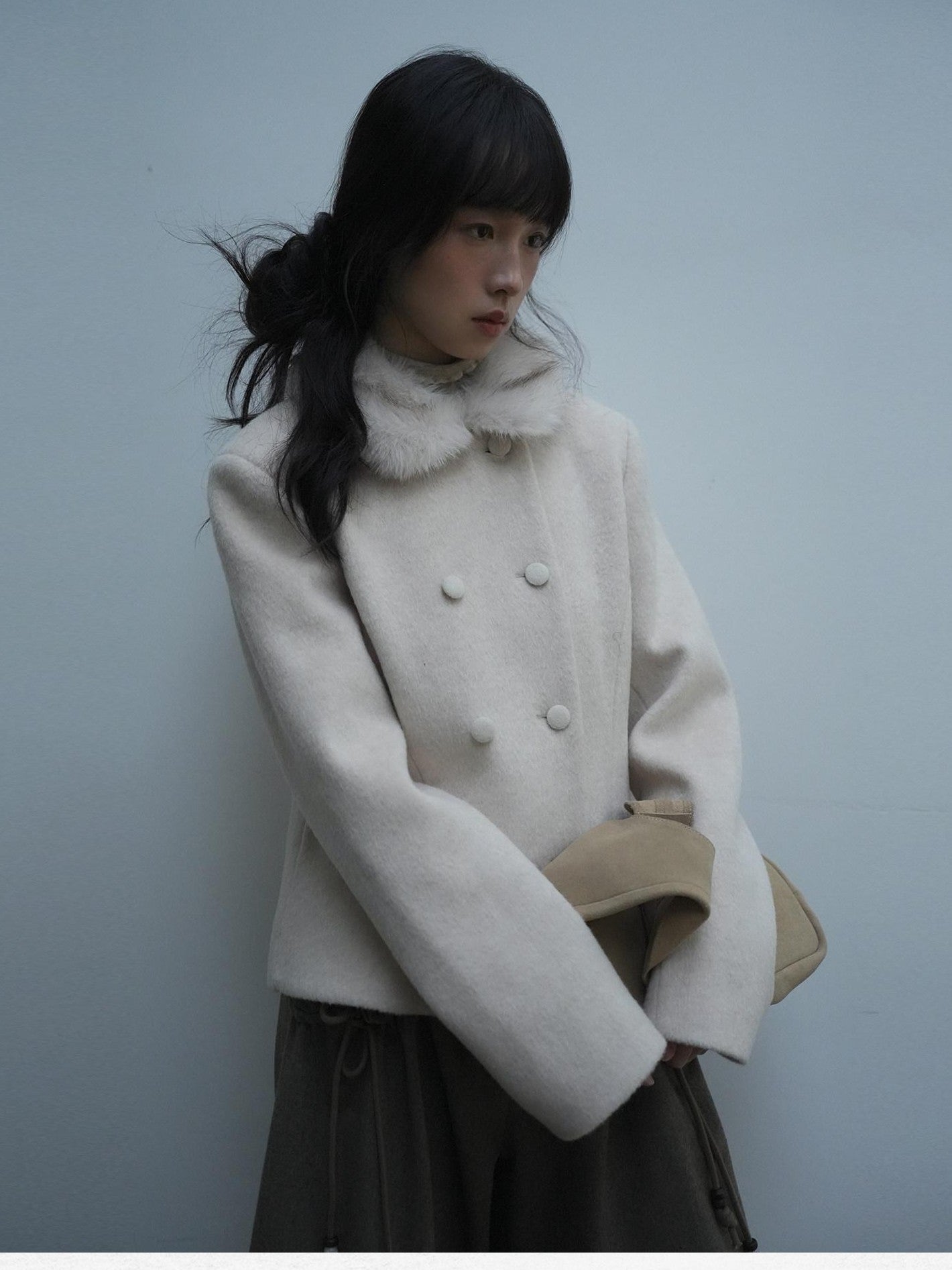 Dorydory Faux Fur Collar Double Breasted Straight Cut Women&