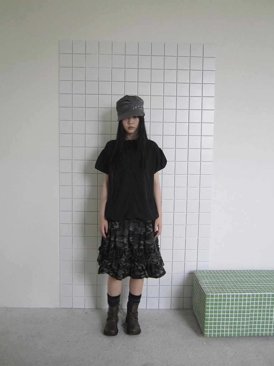 ang project Camouflage Ruffle Edge Patchwork Elastic Waist Women&