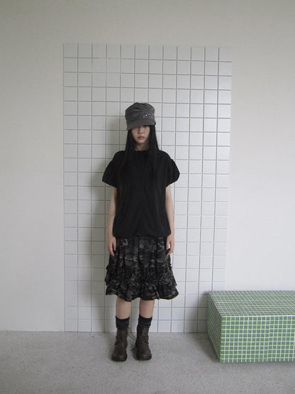 ang project Camouflage Ruffle Edge Patchwork Elastic Waist Women&