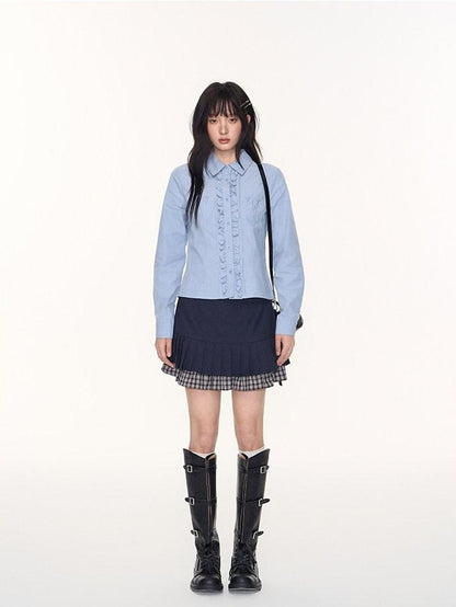 NAPSNAPS Ruffle Trim Pleated Point Collar Patch Pocket Women&