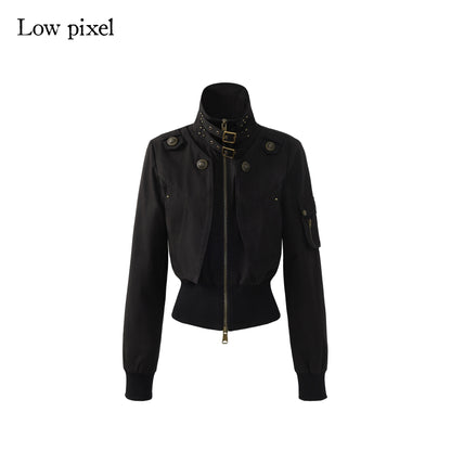 Low pixel Plush Lined Waist Cinch Dark Goth Slim Fit Women Zip High Collar Cropped Jackets