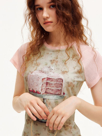 OuttheBlue Pink Textured Patchwork Raglan Food Print Women&