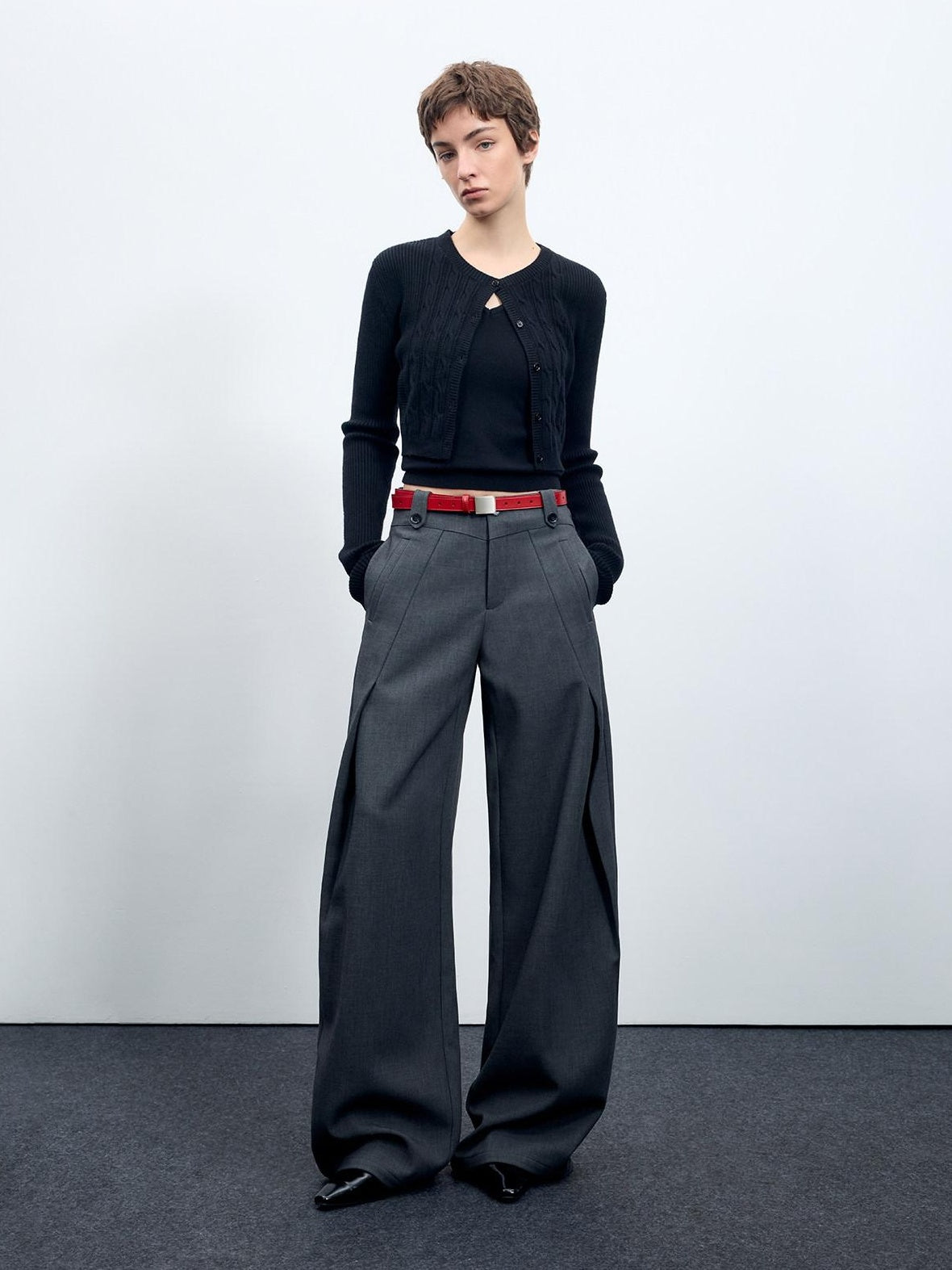 RUN TO THE FUTURE Flattering Mid Rise Minimalist Straight Cut Office Gray Black Wide-Leg Pants