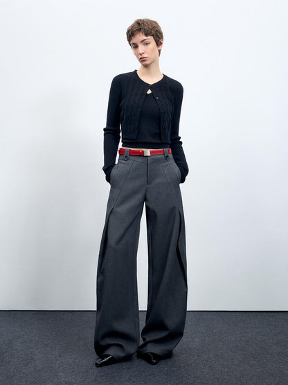 RUN TO THE FUTURE Flattering Mid Rise Minimalist Straight Cut Office Gray Black Wide-Leg Pants