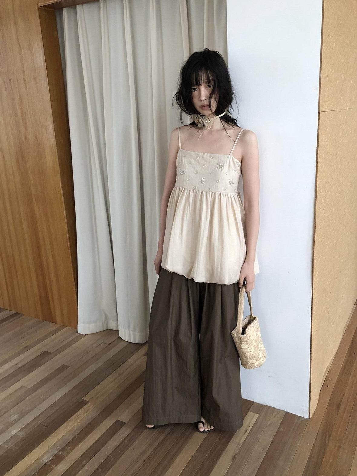 Dorydory Apricot Beige Beaded Square Neck Tulip Hem Women&