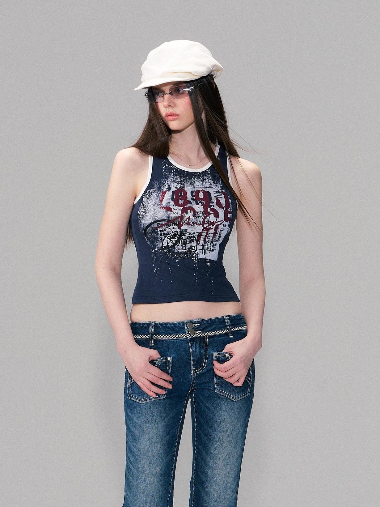The NeverMore Soft Stretch Cotton Slim Fit Round Neck Printed Cropped Women Navy Camisoles