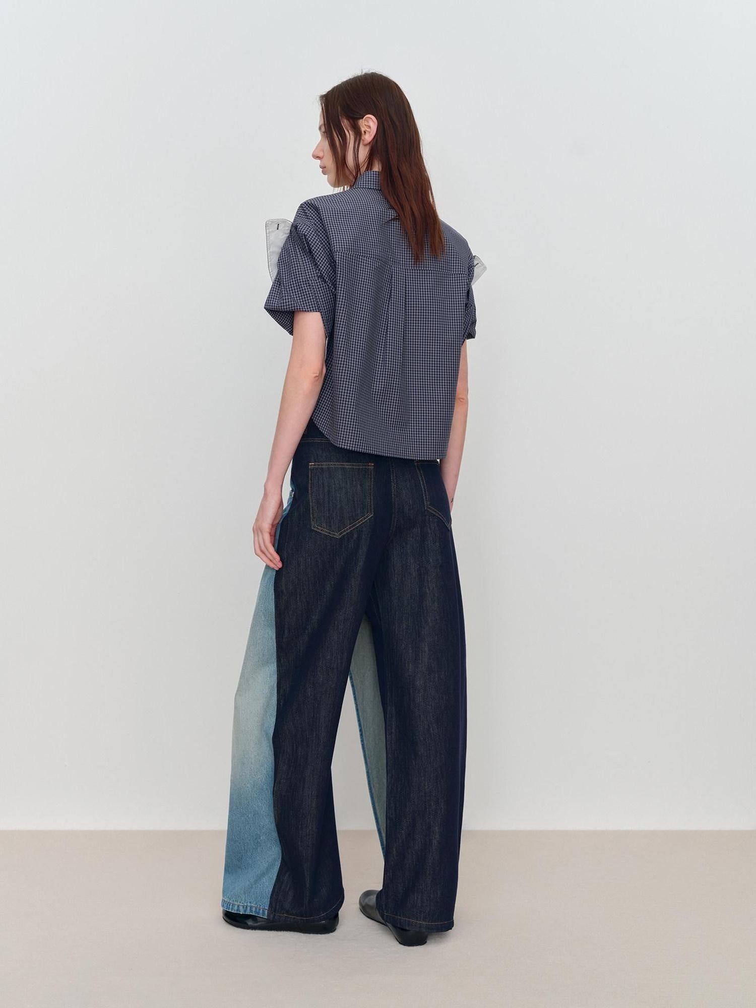 RUN TO THE FUTURE Durable Washed Denim Casual Loose Natural Waist Zipper Fly Blue Wide-Leg Jeans