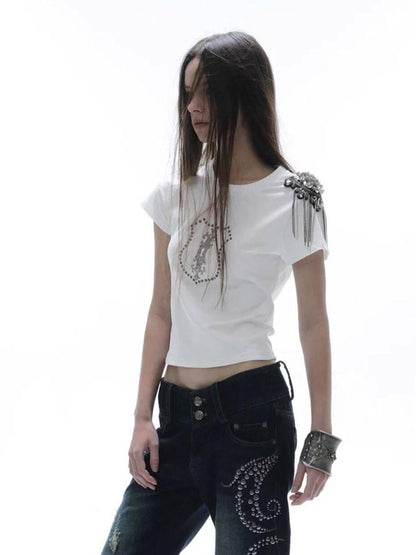 DoublePunch Cropped Hotfix Rhinestone Slim Fit Vintage Women&