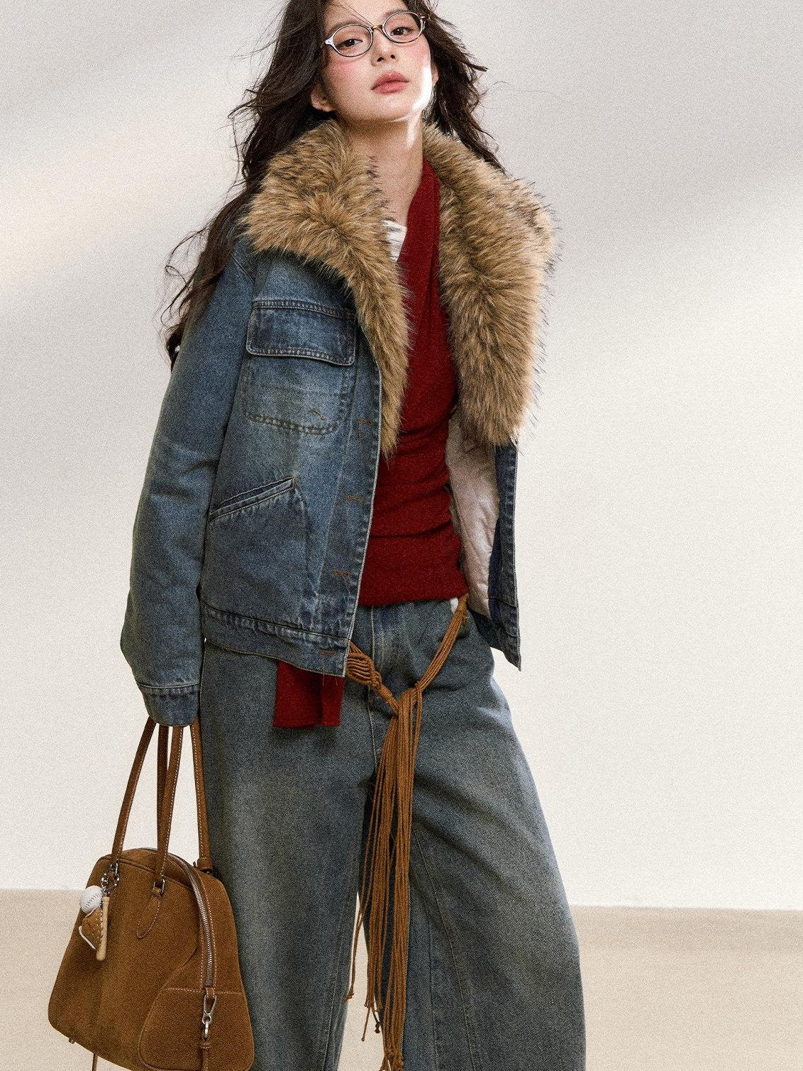 7Shiftin Warm Detachable Fur Collar Casual Cropped Women Long Sleeve Denim Jackets