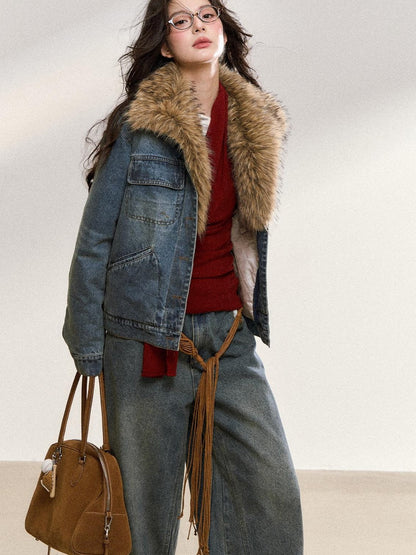 7Shiftin Warm Detachable Fur Collar Casual Cropped Women Long Sleeve Denim Jackets