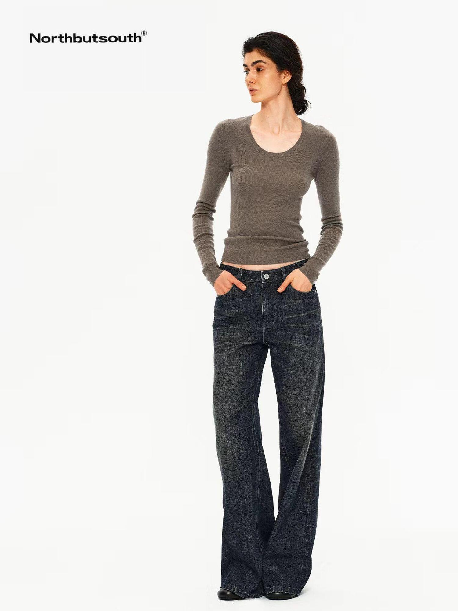 Northbutsouth Four Color U Neck Slim Fit Lightweight Long Sleeve Women&