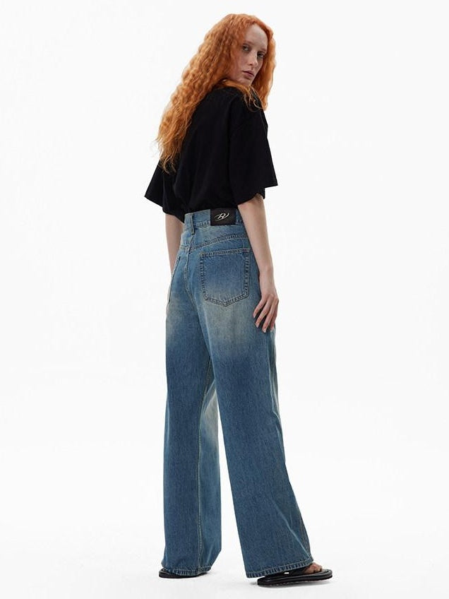 RUN TO THE FUTURE Breathable Washed Mid Rise Asymmetrical Multi Pocket Relaxed Blue Straight Jeans