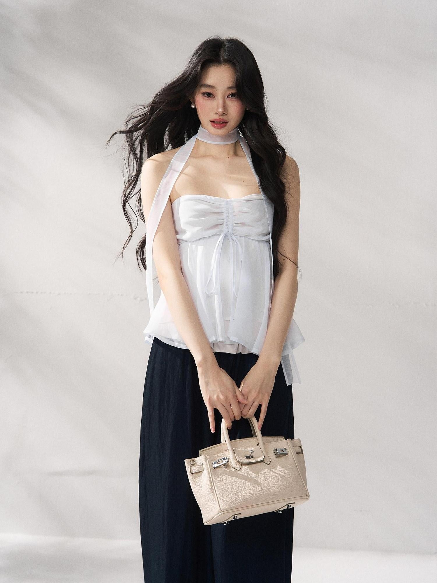 7Shiftin Tie Front Cropped Loose Fit Versatile Solid Color S M L Tube Tops