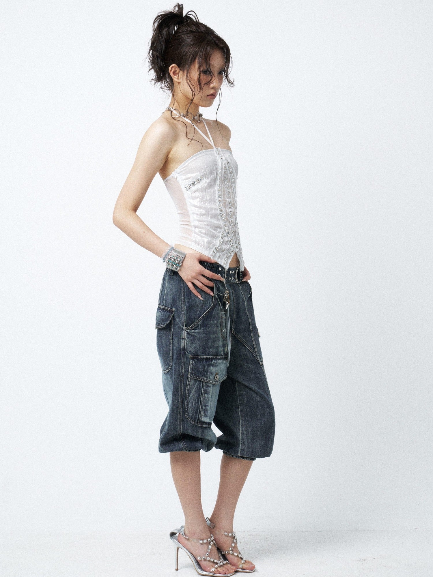 OPEN AESTHETIC Waterwashed Distressed Rhinestone Women&