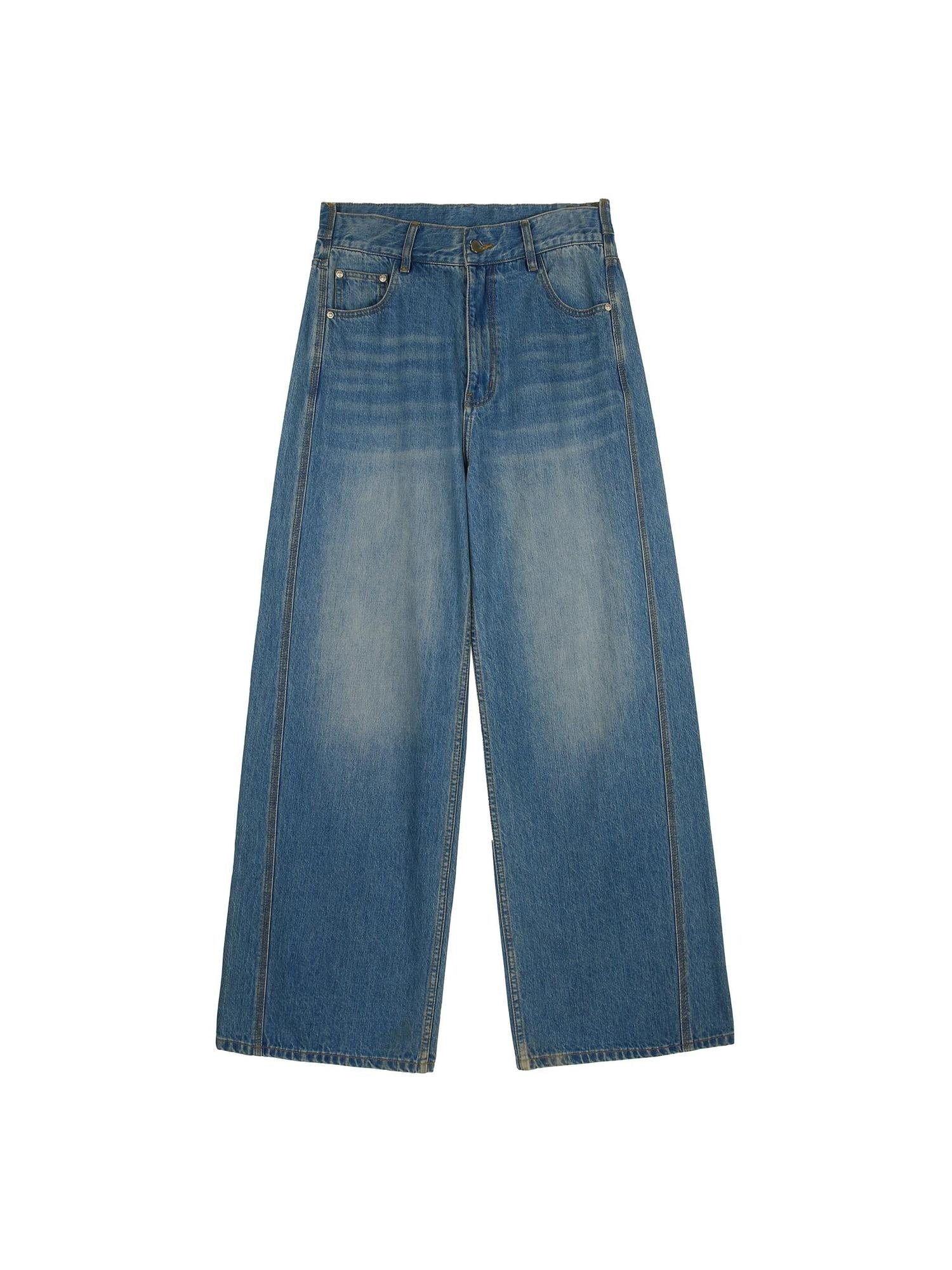 RUN TO THE FUTURE Breathable Washed Mid Rise Asymmetrical Multi Pocket Relaxed Blue Straight Jeans