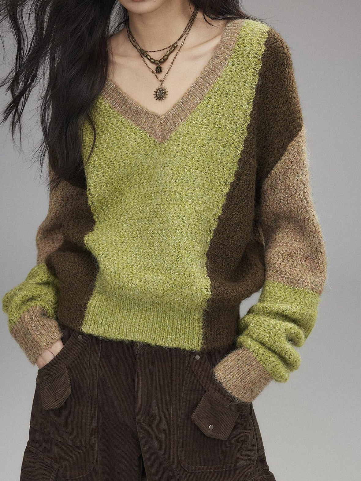 Low pixel Thick Sheep Wool Patchwork Streetwear Loose Fit V-neck Pullover Youth Sweaters