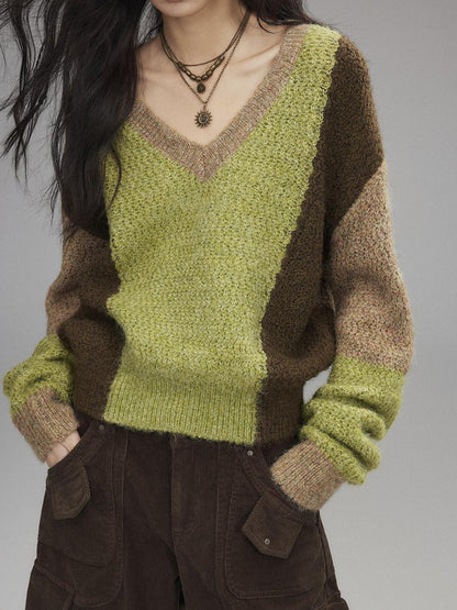 Low pixel Thick Sheep Wool Patchwork Streetwear Loose Fit V-neck Pullover Youth Sweaters