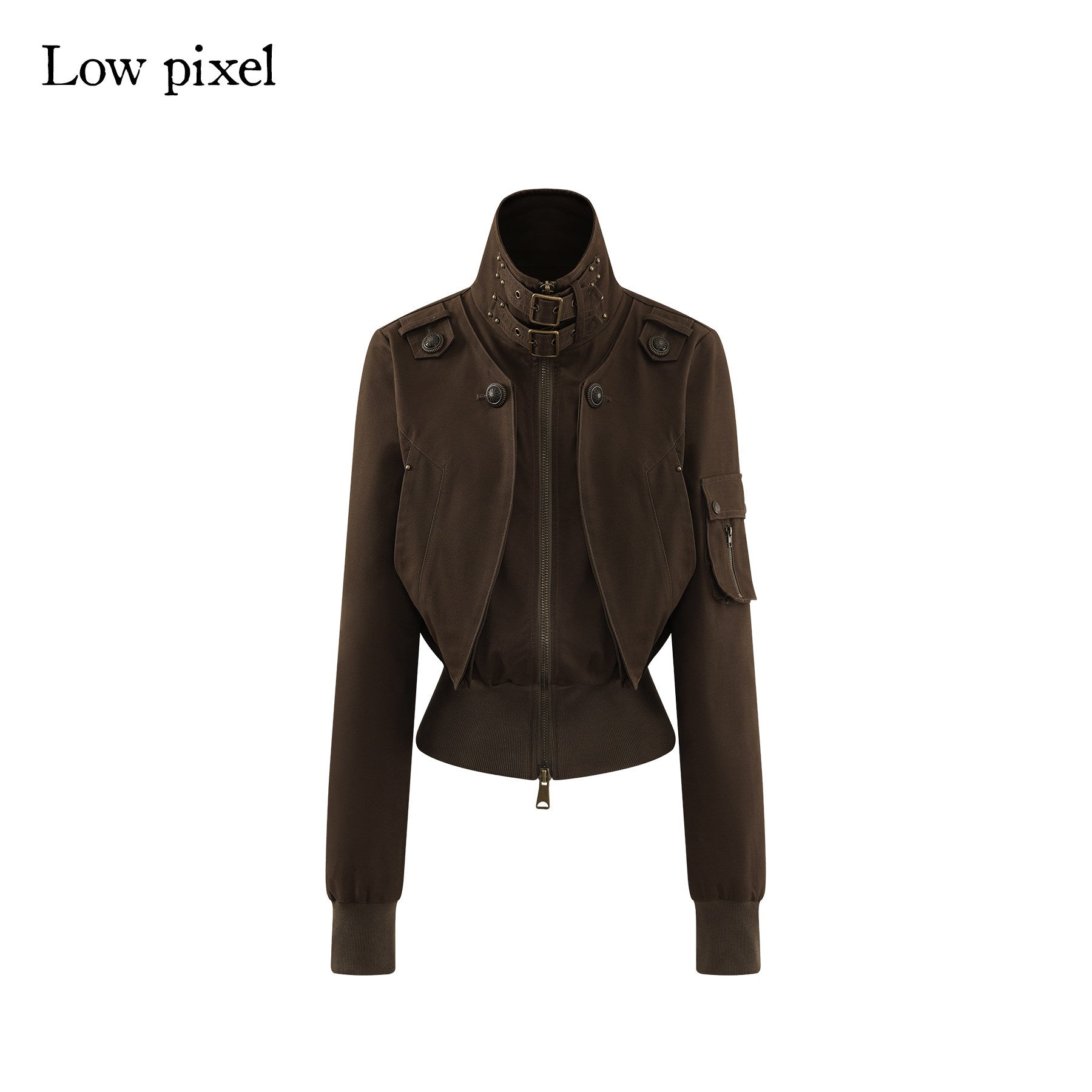 Low pixel Plush Lined Waist Cinch Dark Goth Slim Fit Women Zip High Collar Cropped Jackets
