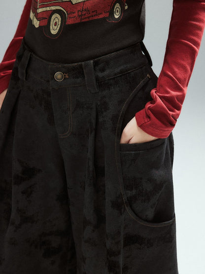 Low pixel Black Cotton Flocked Low Rise Loose Street Women Zip Fly Wide Leg Jeans