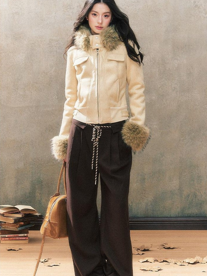 7Shiftin Brown Drawstring Pocket Natural Waist Original Straight Women Wide Leg Pants