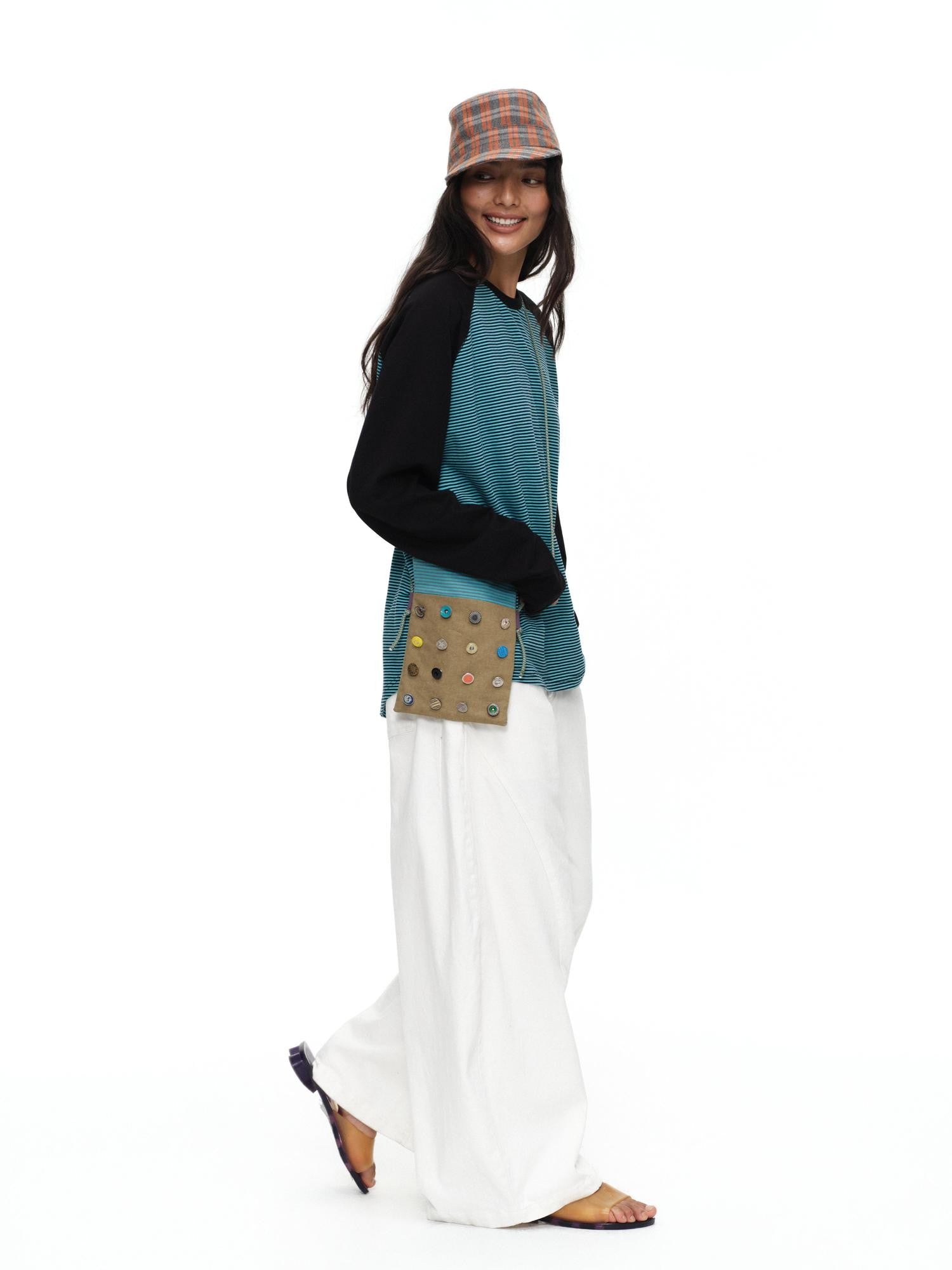 oinimi Khaki Stripe Button Badge Studded Square Women&