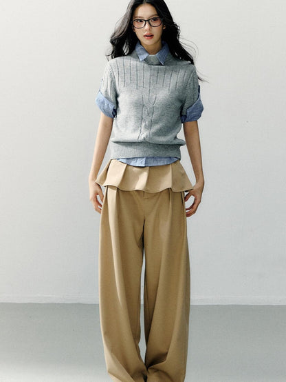 7Shiftin Detachable Lace Trim Natural Waist Casual Khaki Women Wide Leg Pants