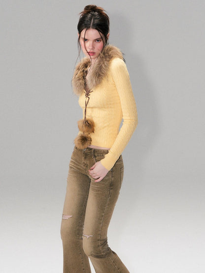 The NeverMore Viscose Blend Slim Fit Faux Layered Cropped Knit Pullover Girls Yellow Sweaters