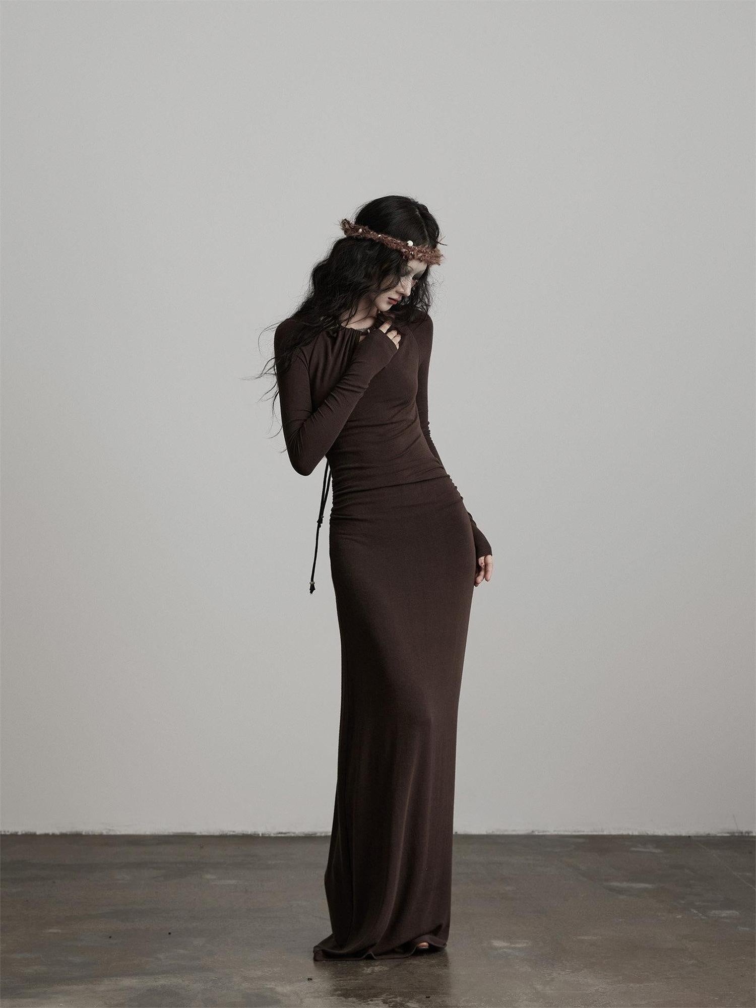 INDULGE Soft Modal Wool Cutout Slim Fit Long Sleeve Casual Brown Bodycon Maxi Dresses