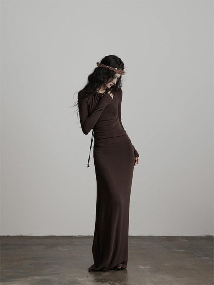 INDULGE Soft Modal Wool Cutout Slim Fit Long Sleeve Casual Brown Bodycon Maxi Dresses