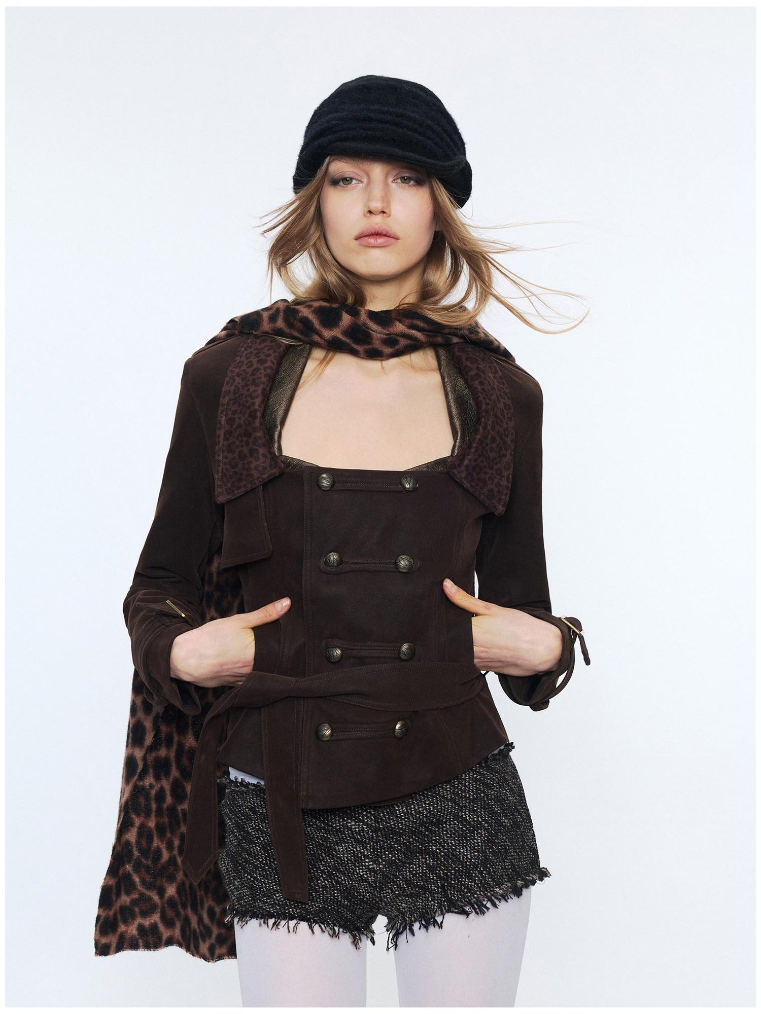 2th Desire Waist Cinch Punk Leopard Print Slim Fit Zip Short Women Trench Coats