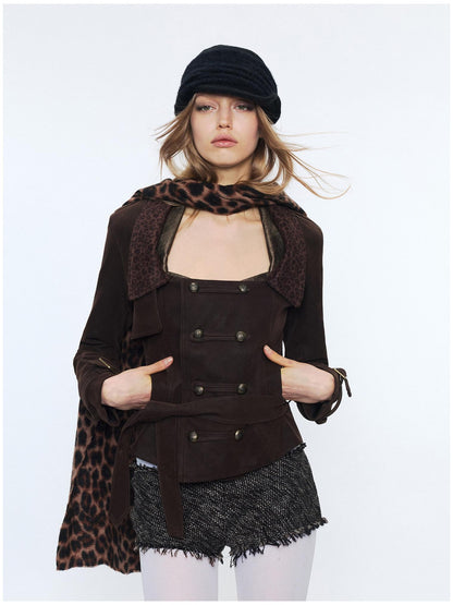 2th Desire Waist Cinch Punk Leopard Print Slim Fit Zip Short Women Trench Coats