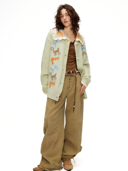 OuttheBlue Warm Acrylic Wool Commuter Loose Jacquard Mint Green Cardigans