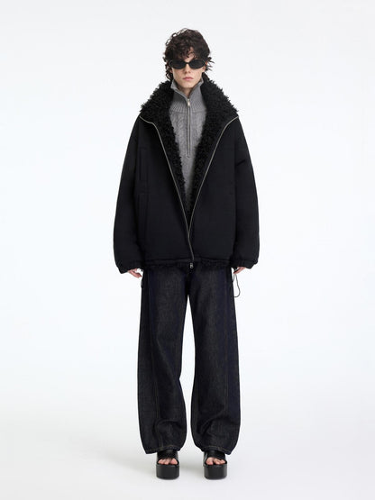 RUN TO THE FUTURE Reversible Fleece Lined Loose Fit Long Vintage Black Womens Puffer Jackets