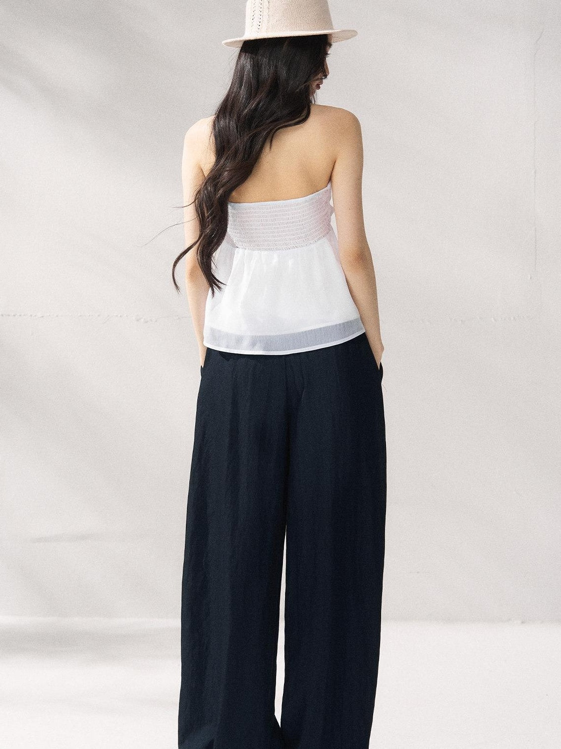 7Shiftin Nylon Cotton Blend Relaxed Natural Waist Women Solid Navy Wide Leg Pants