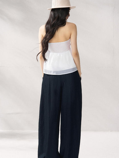 7Shiftin Nylon Cotton Blend Relaxed Natural Waist Women Solid Navy Wide Leg Pants