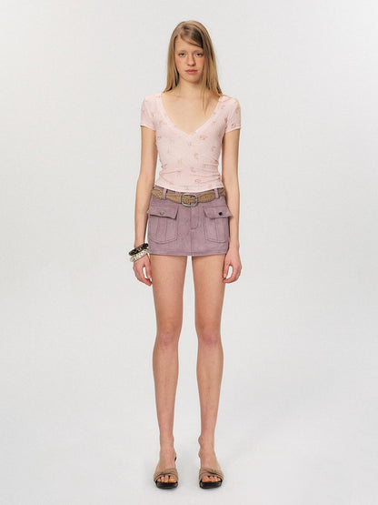 The NeverMore Soft Lyocell Printed V-neck Slim Fit Pink Women Cropped Basic Crop Tops