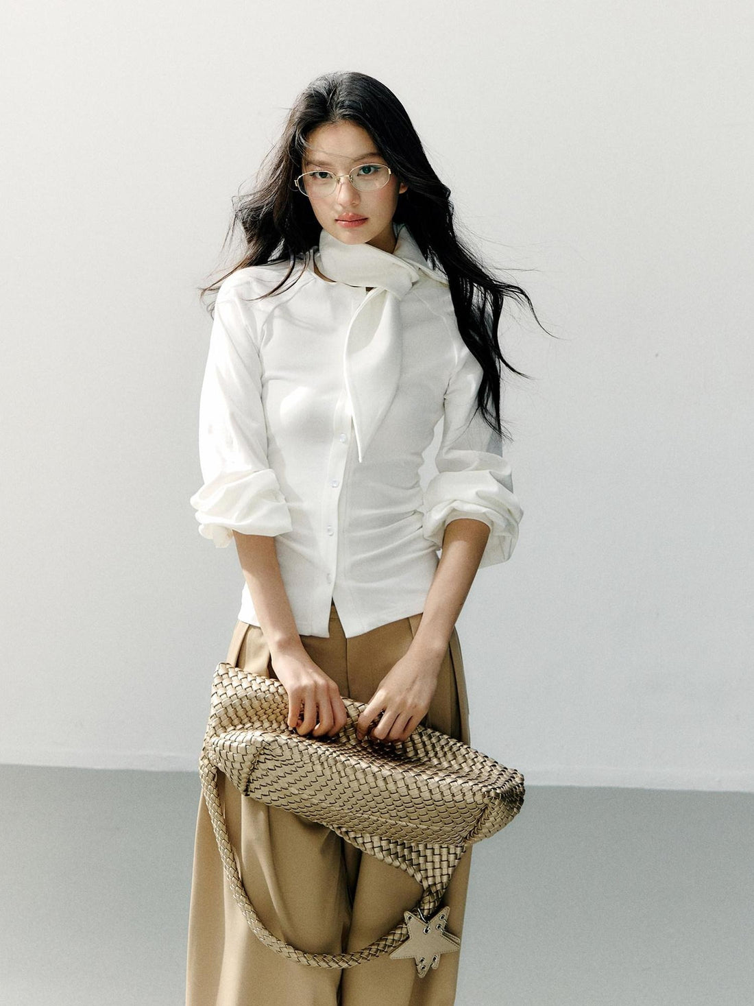 7Shiftin Cotton Bow Tie Fitted Waist Casual Cropped Long Sleeve Women White Blouses