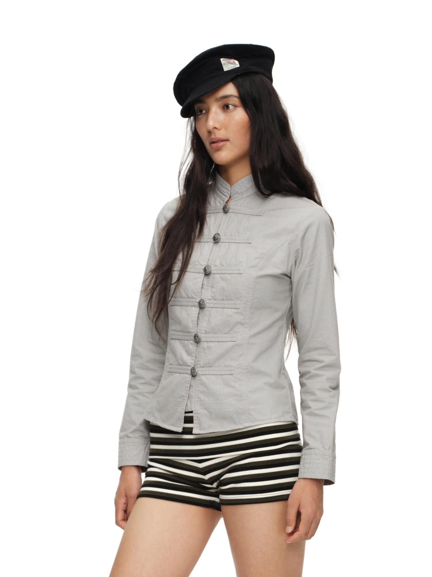 oinimi Star Gray Washed Napoleon Button Stand Collar Fitted Waist Women&