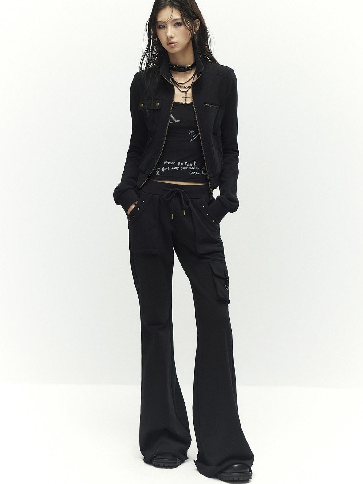 Low pixel Studded Slim Fit Zip Front Stand Collar Thick Cotton Black Top &amp; Pants Sets