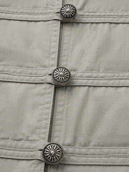 oinimi Star Gray Washed Napoleon Button Stand Collar Fitted Waist Women&