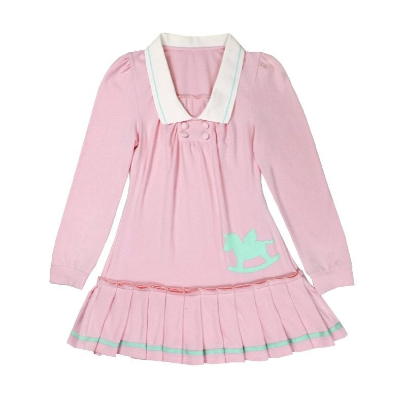 nit alcove Cute Bubble Sleeve Doll Collar Pleated Casual Striped Mint Pink Mini Dresses