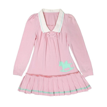 nit alcove Cute Bubble Sleeve Doll Collar Pleated Casual Striped Mint Pink Mini Dresses