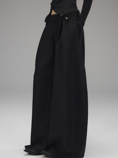 Low pixel Black Wool Blend Low Rise Zipper Casual Straight Hem Women Wide Leg Pants