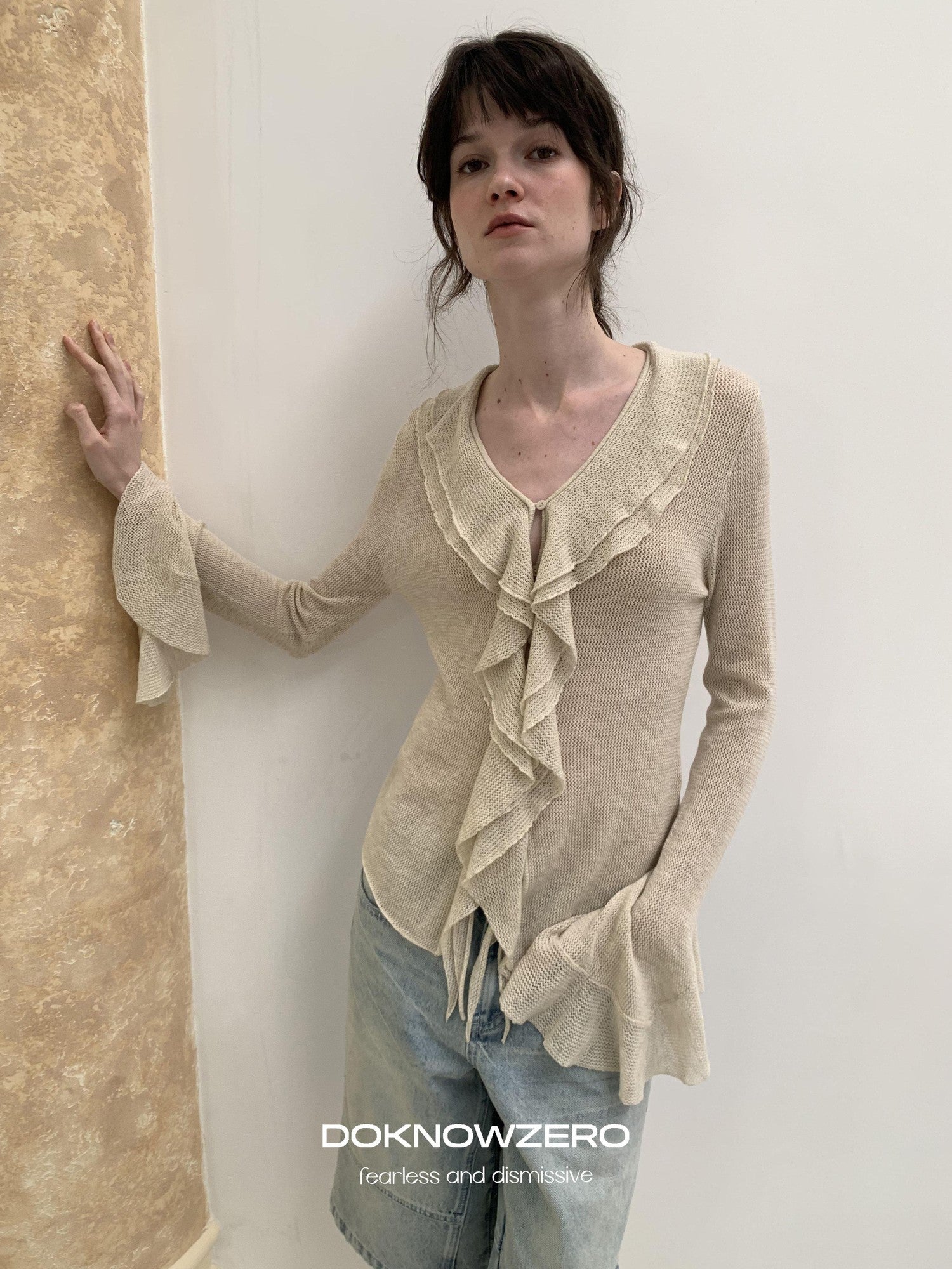 DKZ OFFICIAL Irregular Ruffle Tie V-neck Sheer Knitted Women&