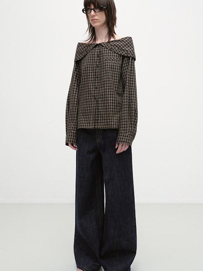 RUN TO THE FUTURE Original Design Breathable Cotton Loose Fit Plaid Bardot Womens Blouses