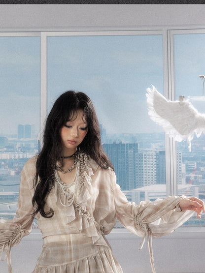 ALL iN plan Vintage Loose Long Sleeve Fairy Beige Plaid Casual Women Polyester Dress