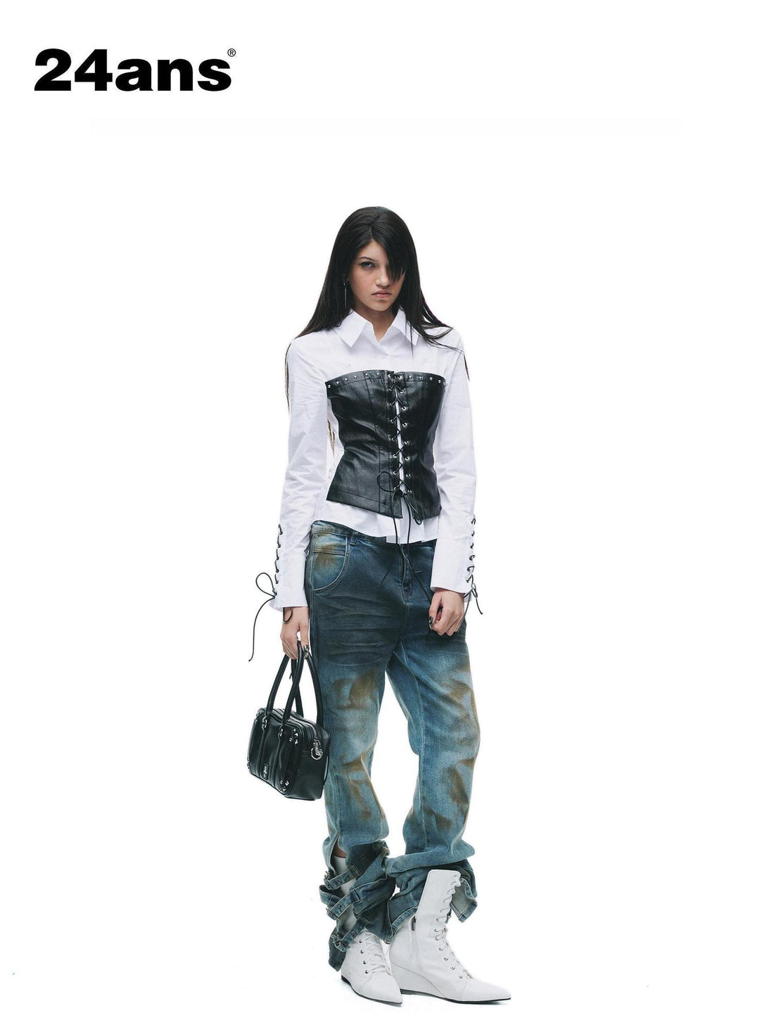 24ans Wrinkle Resistant Punk Slim Patchwork Women Long Sleeve Turn Collar Shirts