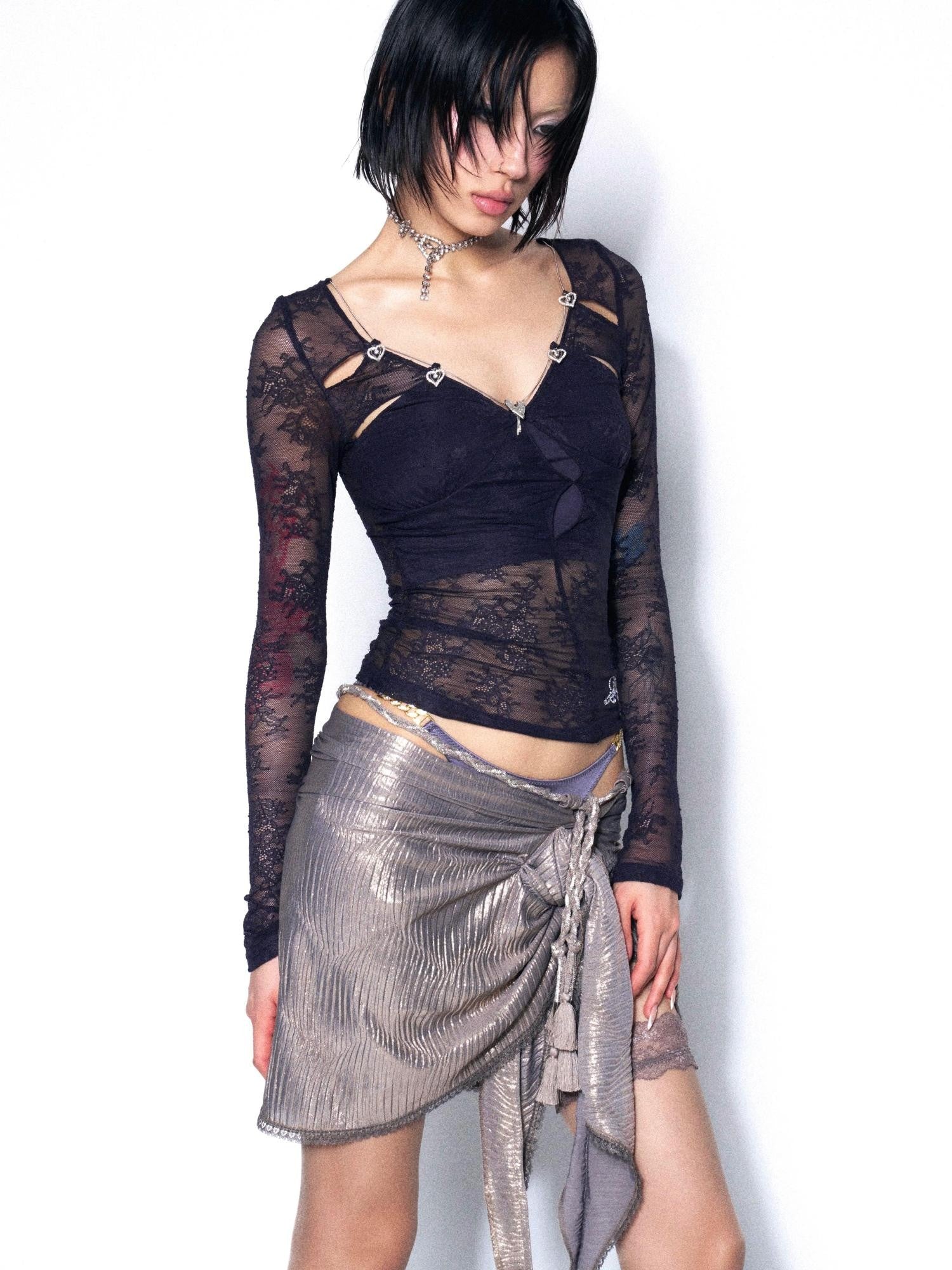 OPEN AESTHETIC Champagne Foil Pleated Asymmetric Tie Front Slit Women&