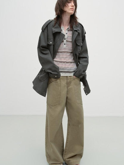 RUN TO THE FUTURE Washed Cotton Khaki Cargo Pockets Loose Mid Rise Zip Fly Casual Straight Pants
