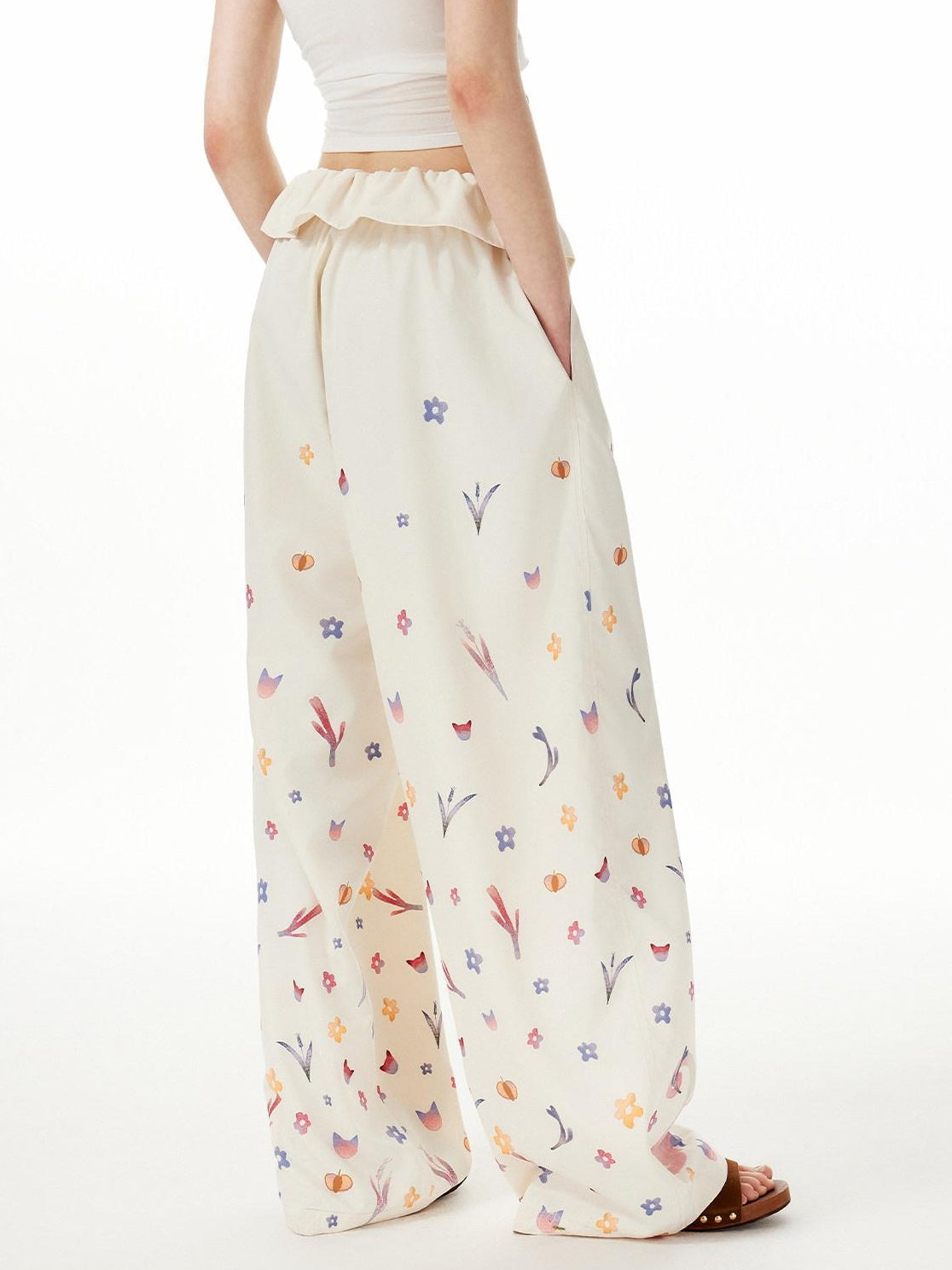 OuttheBlue Cute Cat Floral Print Sweet Natural Waist Long Polyester Women Straight Pants